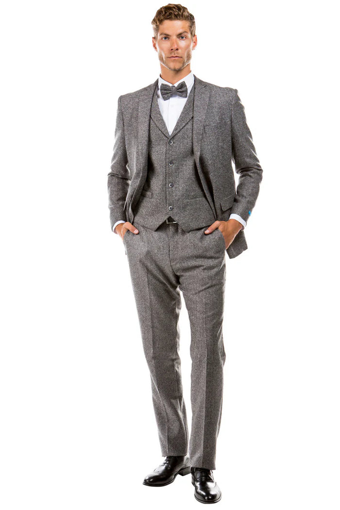 Men’s Two Button Vested Vintage Style Tweed Wedding Suit in Grey – Classic 3 Piece Formal Suit