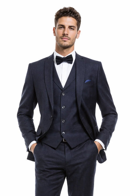 Men’s Navy Blue Vintage Tweed Wedding Suit – Two Button Jacket with Matching Vest