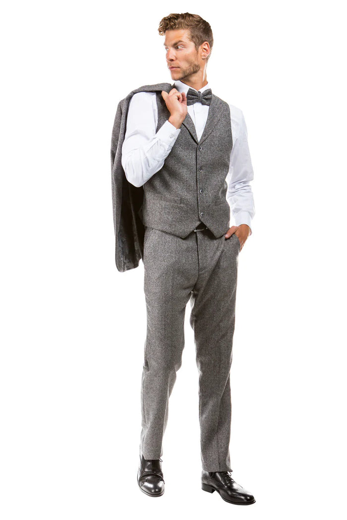 Men’s Two Button Vested Vintage Style Tweed Wedding Suit in Grey – Classic 3 Piece Formal Suit