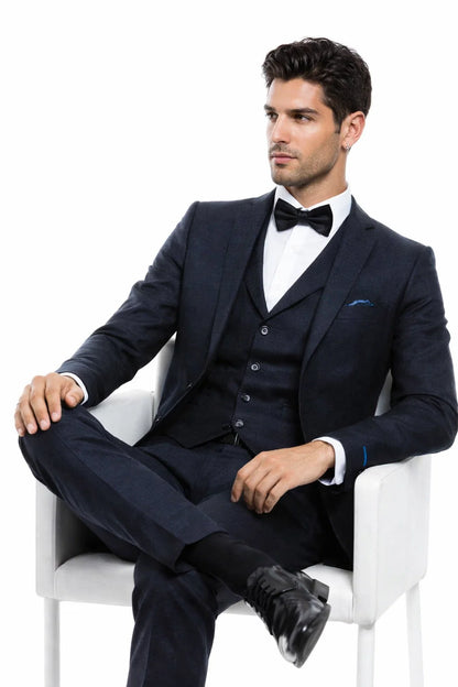 Men’s Navy Blue Vintage Tweed Wedding Suit – Two Button Jacket with Matching Vest