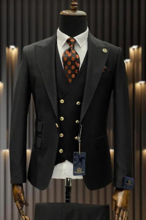 Rossiman Black Suit for Men – Classic 1-Button Peak Lapel Jacket & Double-Breasted Vest