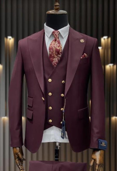 Rossiman Brand Burgundy Suits - 1 Button Suit Peak Lapel Double Breasted Vest 1 SKU#58168  - from alligatorwarehouse.com