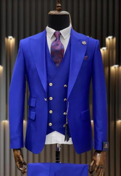 Rossiman Brand Royal Blue Suits - 1 Button Suit Peak Lapel Double Breasted Vest 1 SKU#58169  - from alligatorwarehouse.com