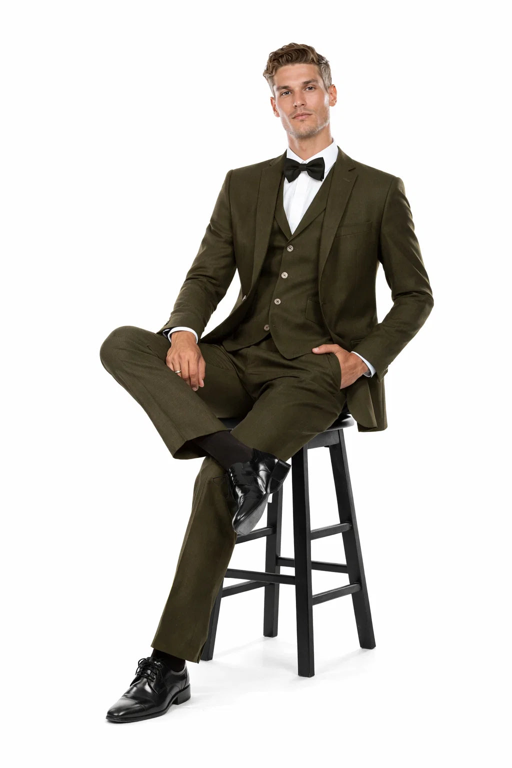 Men’s Olive Green Vintage Tweed Wedding Suit – Two Button Jacket with Vest