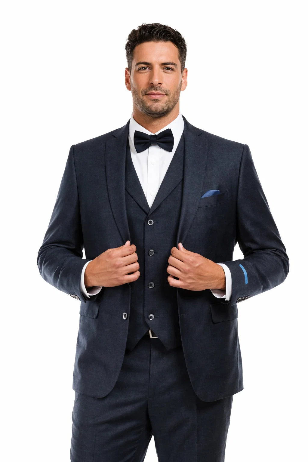Men’s Navy Blue Vintage Tweed Wedding Suit – Two Button Jacket with Matching Vest