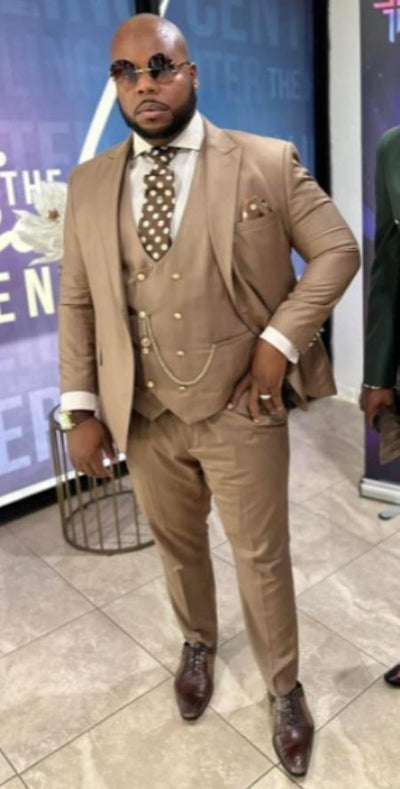 Rossiman Men’s Tan Suit – Gold Buttons & Double-Breasted Vest Elegance 1 SKU#61360  - from alligatorwarehouse.com