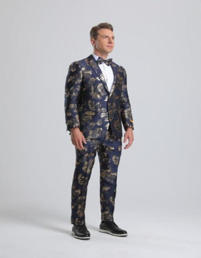 Paisley Suits - Wedding Tuxedo - Groom Gold ~ Navy Blue Suit + Matching Bowtie 1 6R-1847  - from alligatorwarehouse.com
