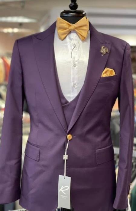 Rossiman Men’s Plum Purple Suit – Gold Buttoned Double-Breasted Elegance