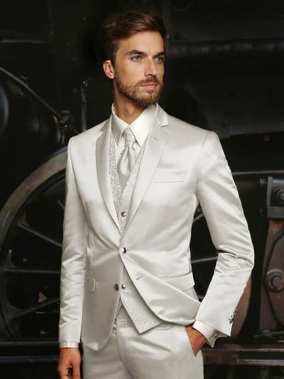 Mens Shiny Blazer - Off-White Sateen Vested Suit 1 XXXXXL-5XL-JA61670  - from alligatorwarehouse.com