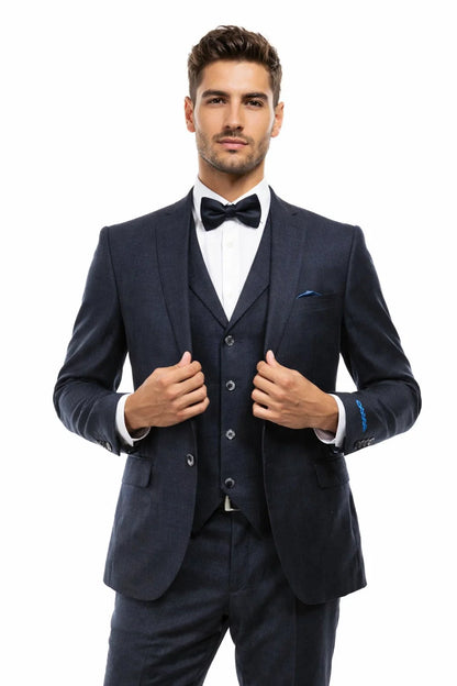 Men’s Navy Blue Vintage Tweed Wedding Suit – Two Button Jacket with Matching Vest