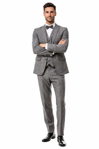 Men’s Two Button Vested Vintage Style Tweed Wedding Suit in Grey – Classic 3 Piece Formal Suit