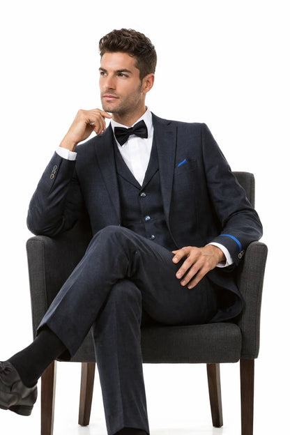 Men’s Navy Blue Vintage Tweed Wedding Suit – Two Button Jacket with Matching Vest