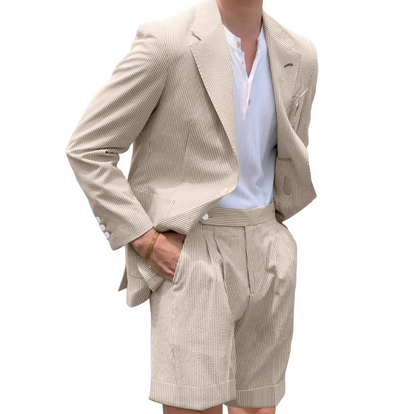 Mens Seersucker Suit With Short in Color Light Beige  - Summer Fabric Casual look Mini Pinstripe