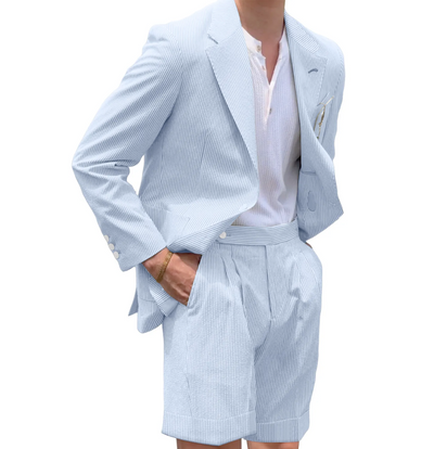 Mens Seersucker Suit With Short in Color Light Blue - Summer Fabric Casual look Mini Pinstripe