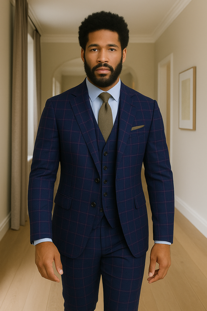 Wool Suit - Italian Made Business Suit by Statement Men's 3 Piece 100% Wool Modern Fit Suit - Sharp Plaid Pattern