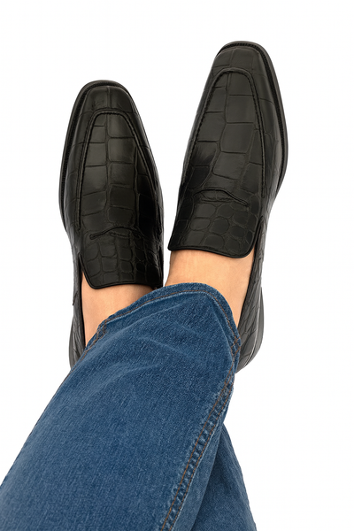 Italian Crocodile Skin Shoes By Ferrini Mens Black Unique Loafers 7 FC3877-BL-090  - from alligatorwarehouse.com
