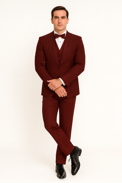 Men’s Burgundy Italian Wool 3-Piece Modern Formal Tuxedo 8   - from alligatorwarehouse.com