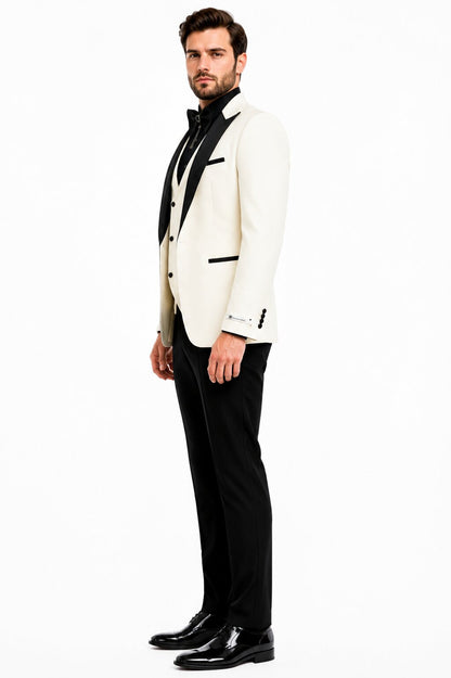 Giovanni Testi Suits With Double Breasted Vest - 3 Pieces Ivory and Black Peak Lapel Suit