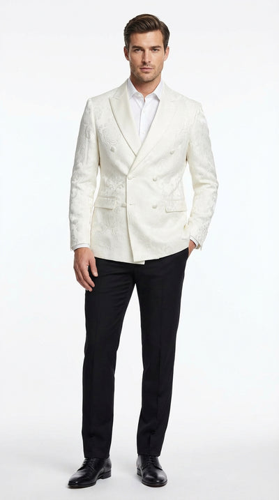 Men’s Ivory Dinner Jacket  Floral Jacquard Blazer – Double Breasted Satin Lapel Formal Tuxedo Jacket for Wedding  Cream Off White color