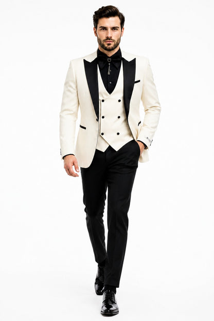Giovanni Testi Suits With Double Breasted Vest - 3 Pieces Ivory and Black Peak Lapel Suit