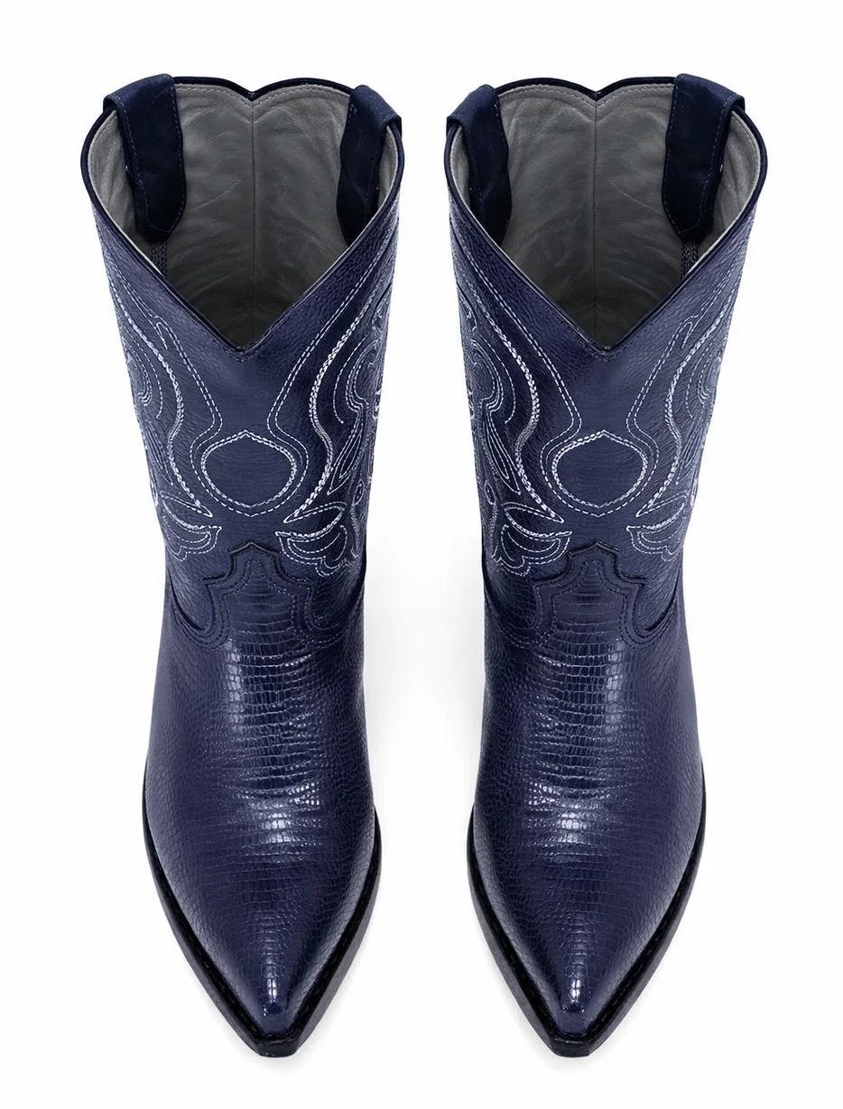 J Toe Cowboy Boots - J Toe Western Boots - Los Altos Navy J-Toe Genuine Teju Lizard