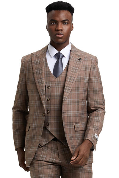 Men's Stacy Adams One Button Peak Lapel Double Breasted Vest Suit in Light Brown Plaid 1 SM170H1-10-38R  - from alligatorwarehouse.com