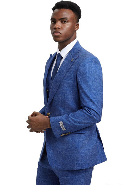 Men's Stacy Adams Peak Lapel Suit with Double Breasted Vest in Blue Windowpane Plaid 5 SM163H1-11-38R  - from alligatorwarehouse.com