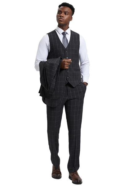Men's Stacy Adams Vest Classic Bold Windowpane Suit in Dark Charcoal Grey 3 SM394H1-01-38R  - from alligatorwarehouse.com