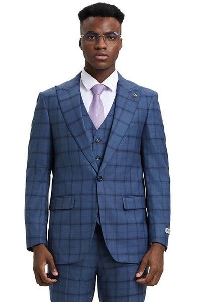 Men's Stacy Adams One Button Vested Suit in Midnight Blue Windowpane Plaid 1 SM169H1-92-38R  - from alligatorwarehouse.com