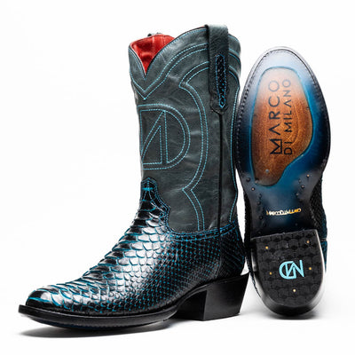 Marco Di Milano Kansas Black / Blue Python Round Toe Cowboy Boots 1   - from alligatorwarehouse.com