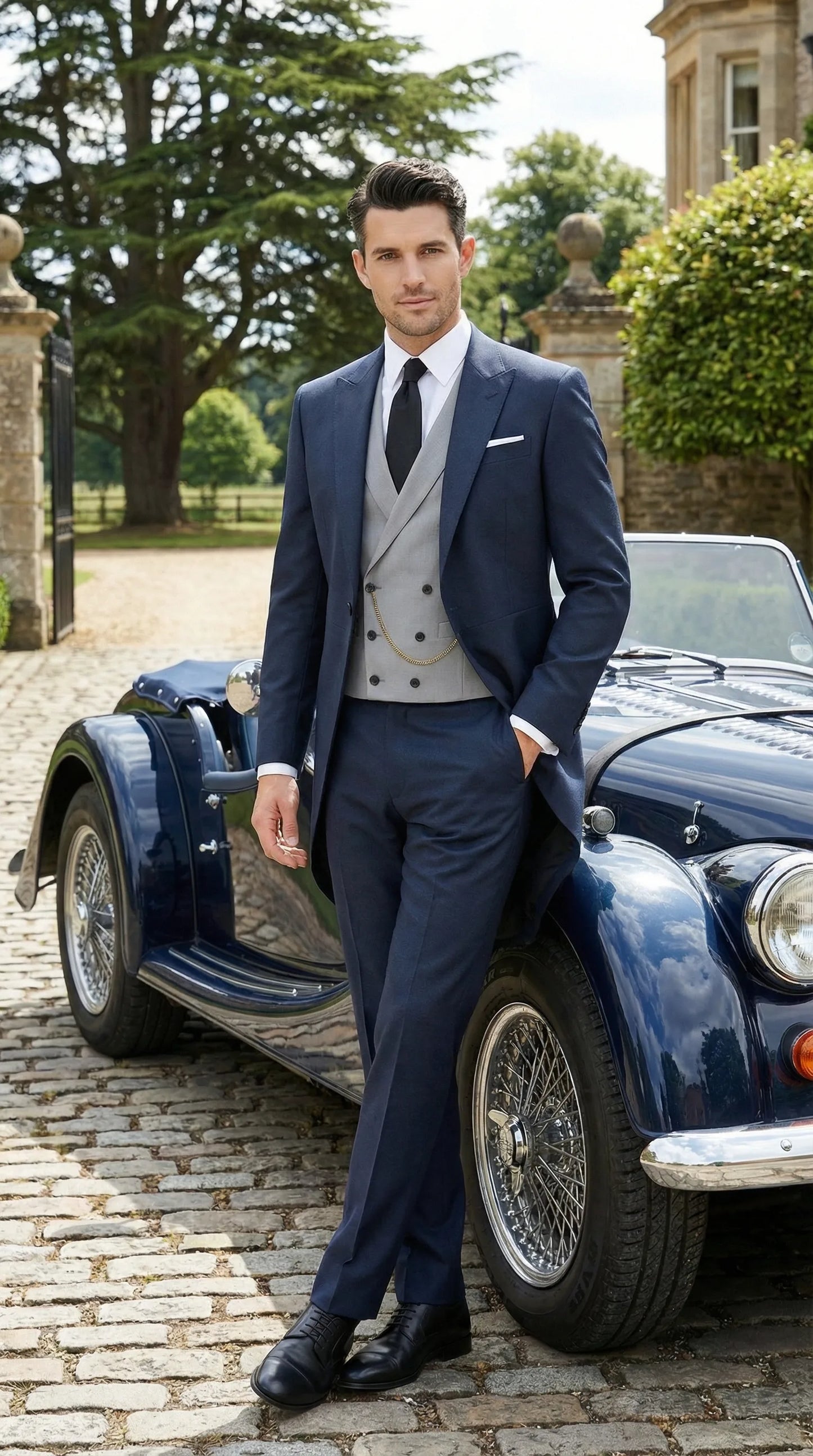 Men’s Navy Blue Three Piece Formal Suit – Cutaway Tuxedo Blazer Trousers for Wedding Tailcoat