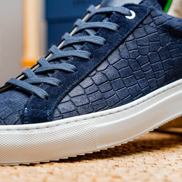 Zelli Kobe Luxury Sneaker in Navy Crocodile-Embossed Suede