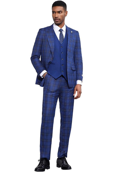 Men's Stacy Adams Bold Windowpane Plaid Print Vested Suit in Midnight Blue 3 SM177H1-26-38R  - from alligatorwarehouse.com