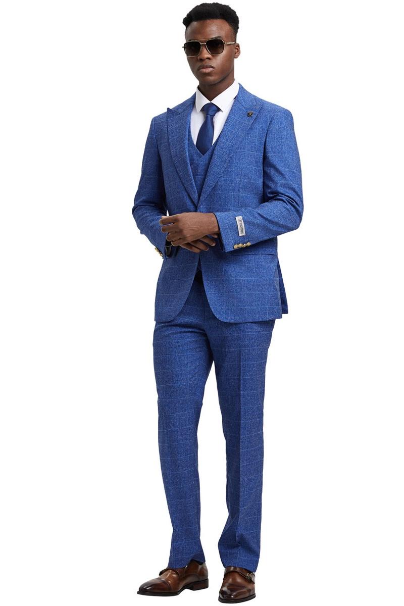 Men's Stacy Adams Peak Lapel Suit with Double Breasted Vest in Blue Windowpane Plaid