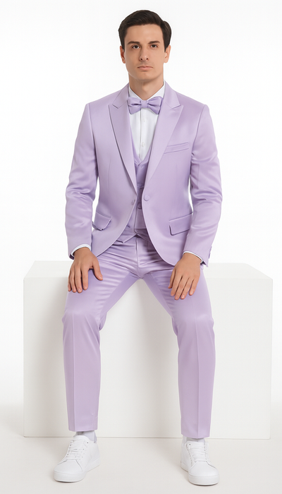 Tazzio Men's Lavender Satin Double Breasted 3-Piece Skinny Fit Suit with Peak Lapel Vest & Matching Bowtie – Stylish Formalwear Set 4 M390SK-01-36R  - from alligatorwarehouse.com