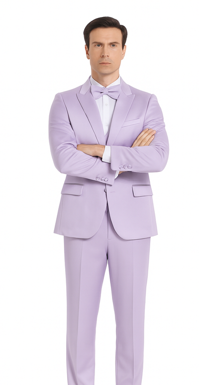 Tazzio Men's Lavender Satin Double Breasted 3-Piece Skinny Fit Suit with Peak Lapel Vest & Matching Bowtie – Stylish Formalwear Set 6 M390SK-01-36R  - from alligatorwarehouse.com