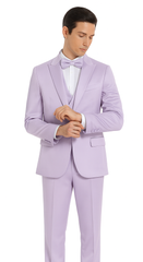 Tazzio Men's Lavender Satin Double Breasted 3-Piece Skinny Fit Suit with Peak Lapel Vest & Matching Bowtie – Stylish Formalwear Set