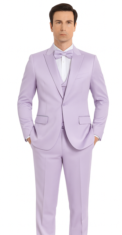Tazzio Men's Lavender Satin Double Breasted 3-Piece Skinny Fit Suit with Peak Lapel Vest & Matching Bowtie – Stylish Formalwear Set 1 M390SK-01-36R  - from alligatorwarehouse.com