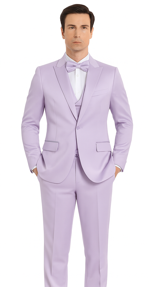 Tazzio Men's Lavender Satin Double Breasted 3-Piece Skinny Fit Suit with Peak Lapel Vest & Matching Bowtie – Stylish Formalwear Set
