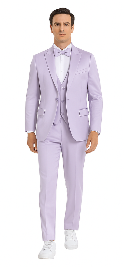 Tazzio Men's Lavender Satin Double Breasted 3-Piece Skinny Fit Suit with Peak Lapel Vest & Matching Bowtie – Stylish Formalwear Set 8 M390SK-01-36R  - from alligatorwarehouse.com