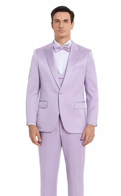 Tazzio Men's Lavender Satin Double Breasted 3-Piece Skinny Fit Suit with Peak Lapel Vest & Matching Bowtie – Stylish Formalwear Set 2 M390SK-01-36R  - from alligatorwarehouse.com