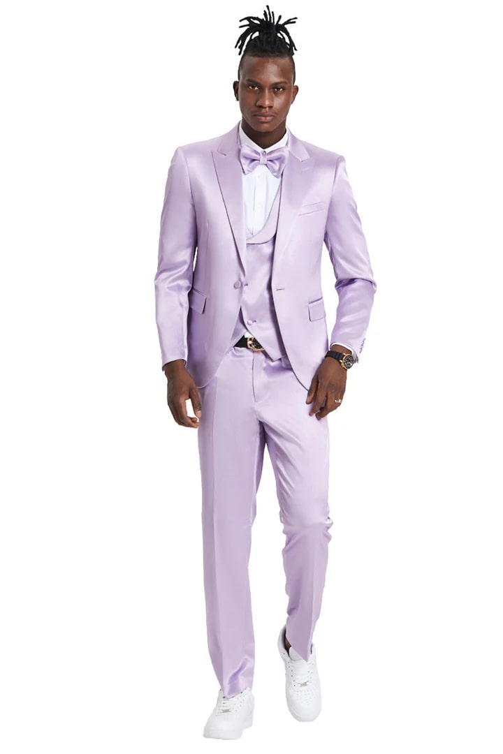Men's One Button Vested Shiny Satin Sharkskin Prom & Wedding Lavender Party Suit