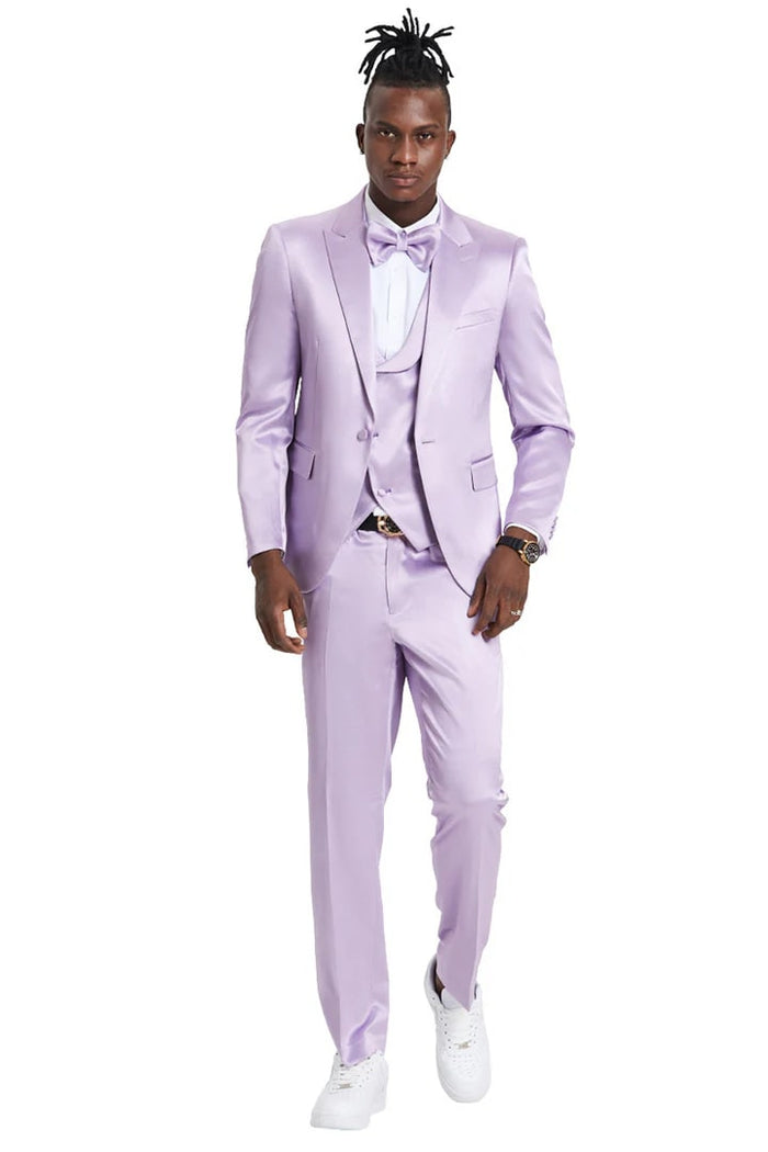 Men's One Button Vested Shiny Satin Sharkskin Prom & Wedding Lavender Party Suit