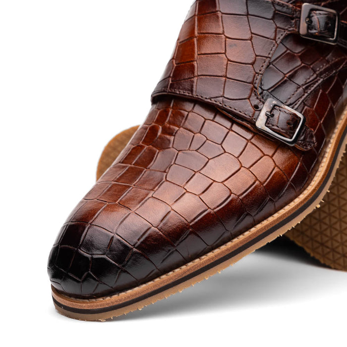 Zelli Legerra Hand-Burnished Crocodile Print Monk Strap in Cognac
