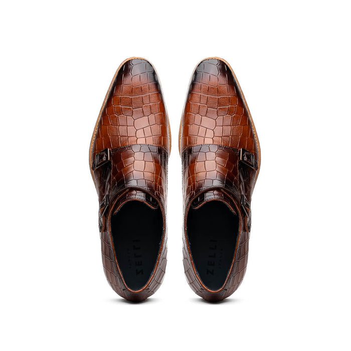 Zelli Legerra Hand-Burnished Crocodile Print Monk Strap in Cognac