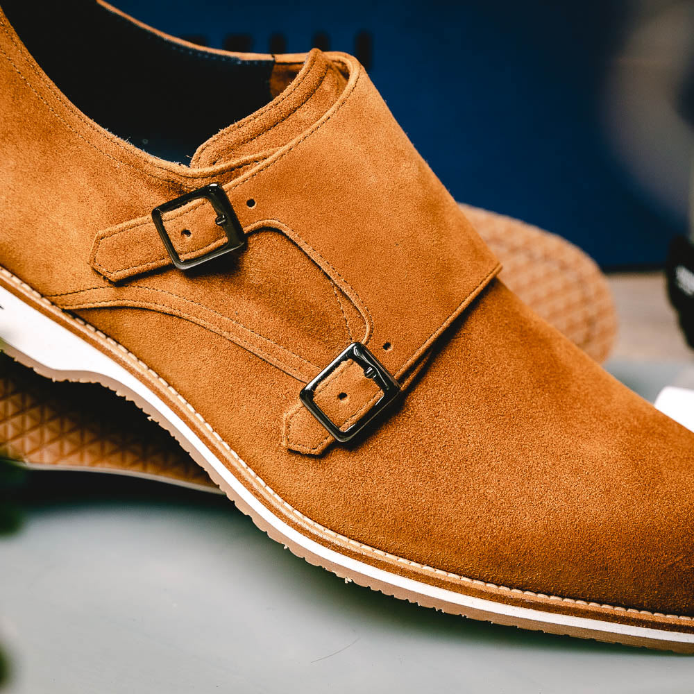 Zelli Legerra Contemporary Suede Monk Strap Dress Shoes in Cognac