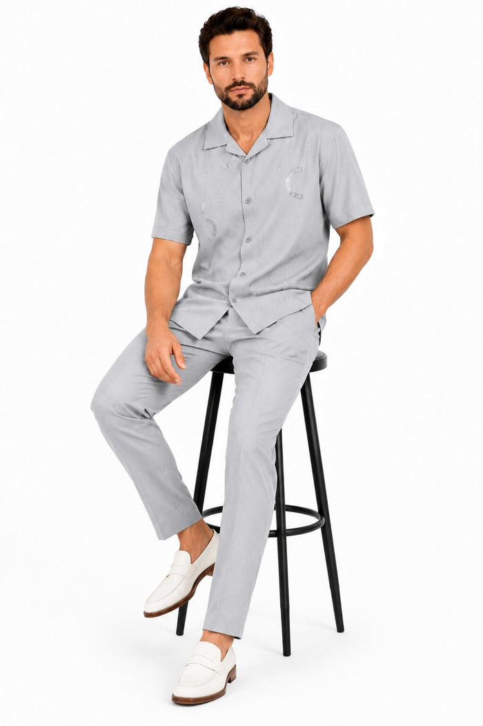 Men’s Light Gray Embroidered Walking Suit Set – 2 Piece Short Sleeve Casual Outfit