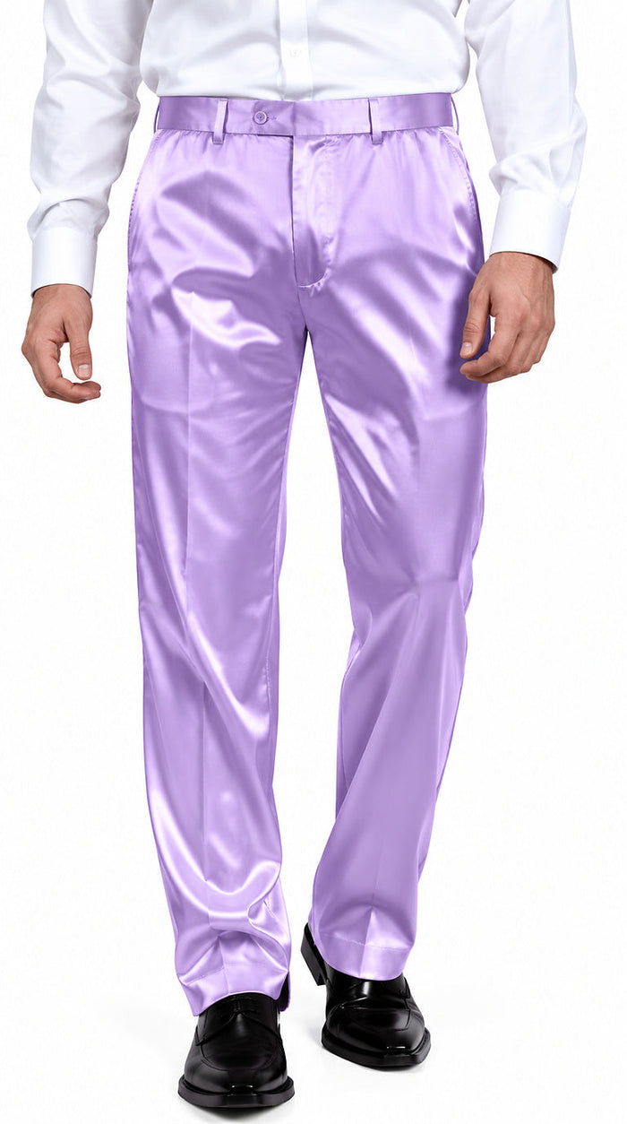 Mens Shiny Stretch Pants Solid Color Slim Fit Sateen Flashy Metallic Slacks in Color "Lilac"