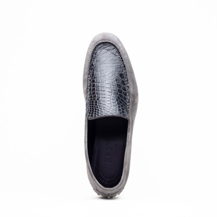 Zelli Bene Sueded Goatskin and Crocodile Loafer in Grey