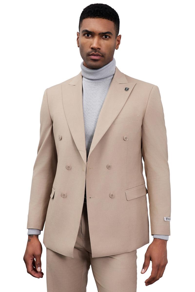 Men's Designer Stacy Adams Classic Double Breasted Suit in Tan
